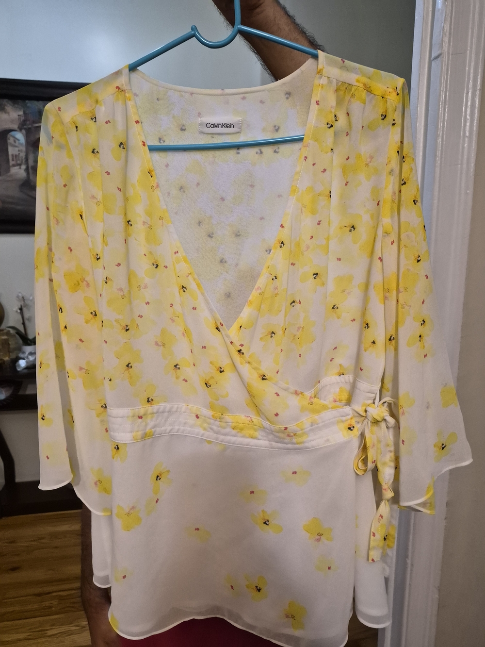 Calvin Klein White Wrap Blouse with Yellow Floral Print